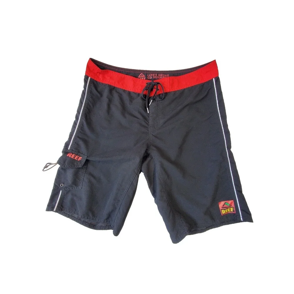 Reef‎ Life's Short Go Surfing Black Cargo Swim Trunks Men's 36 Board Shorts